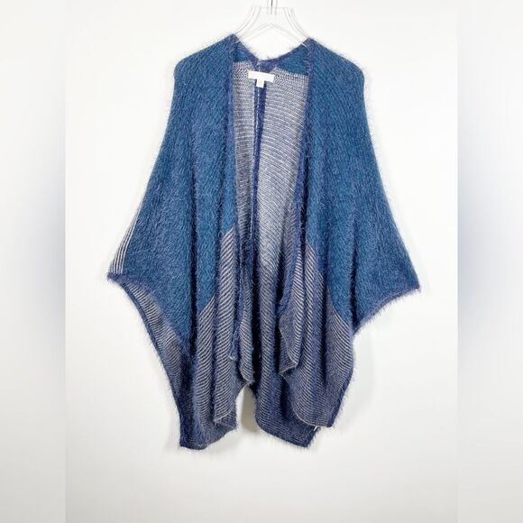 Contempo Size OS One Size Blue Knit Eyelash Shawl Wrap Kimono Poncho Boho - Picture 2 of 13